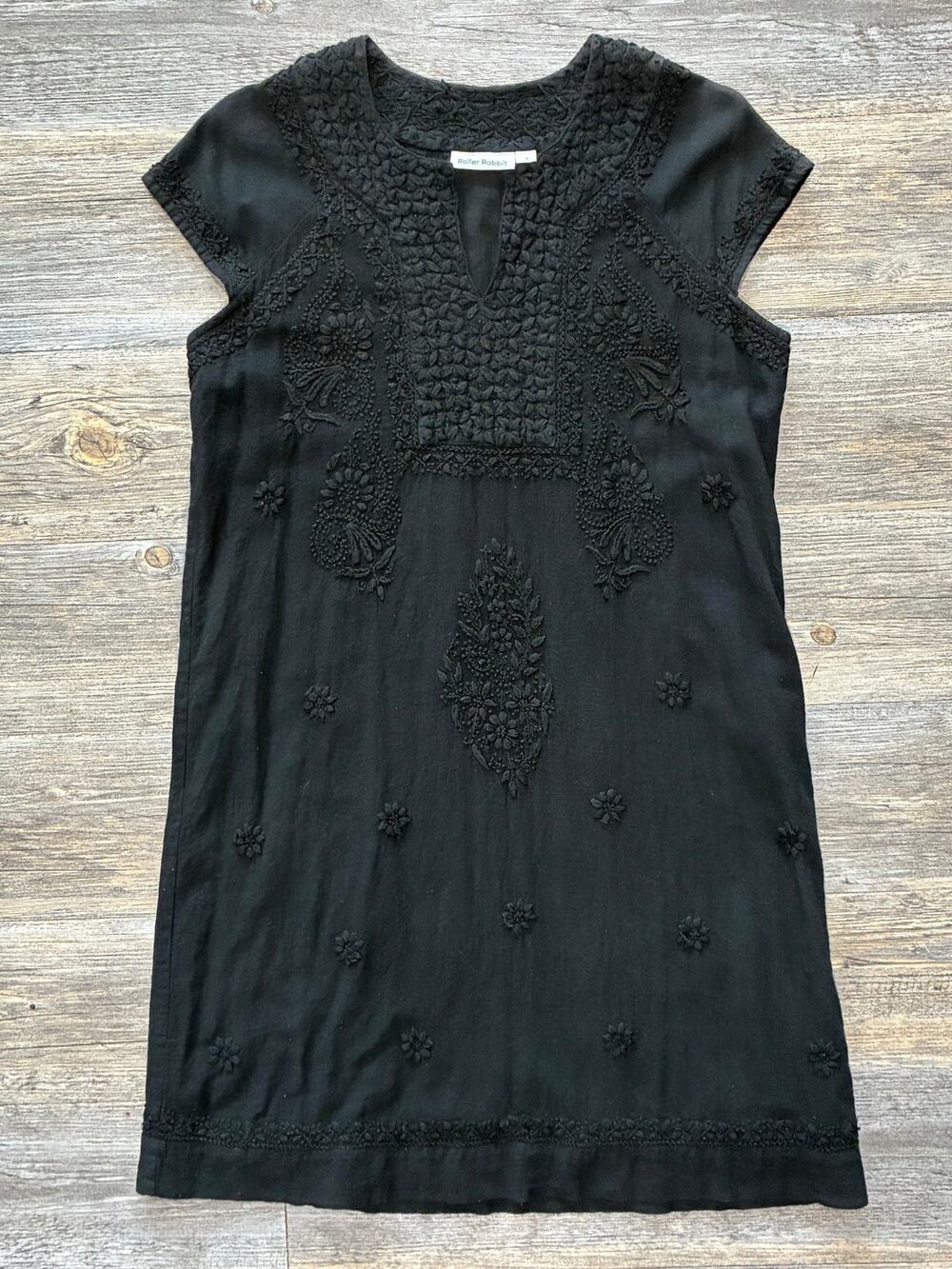 ROLLER RABBIT Faith Dress Black Floral Embroidery Size Small Boho Sleeveless